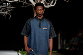 Donell Banze model. Photoshoot of model Donell Banze demonstrating Runway Modeling.Mozambique Fashion Week runway show 2025Designer: Floyed Avenue ApparelRunway Modeling Photo #249112