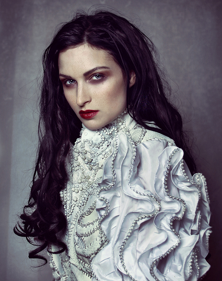Susanna Andersen model. Photoshoot of model Susanna Andersen demonstrating Face Modeling.Dress by Agnieszka OsipaFace Modeling Photo #98455